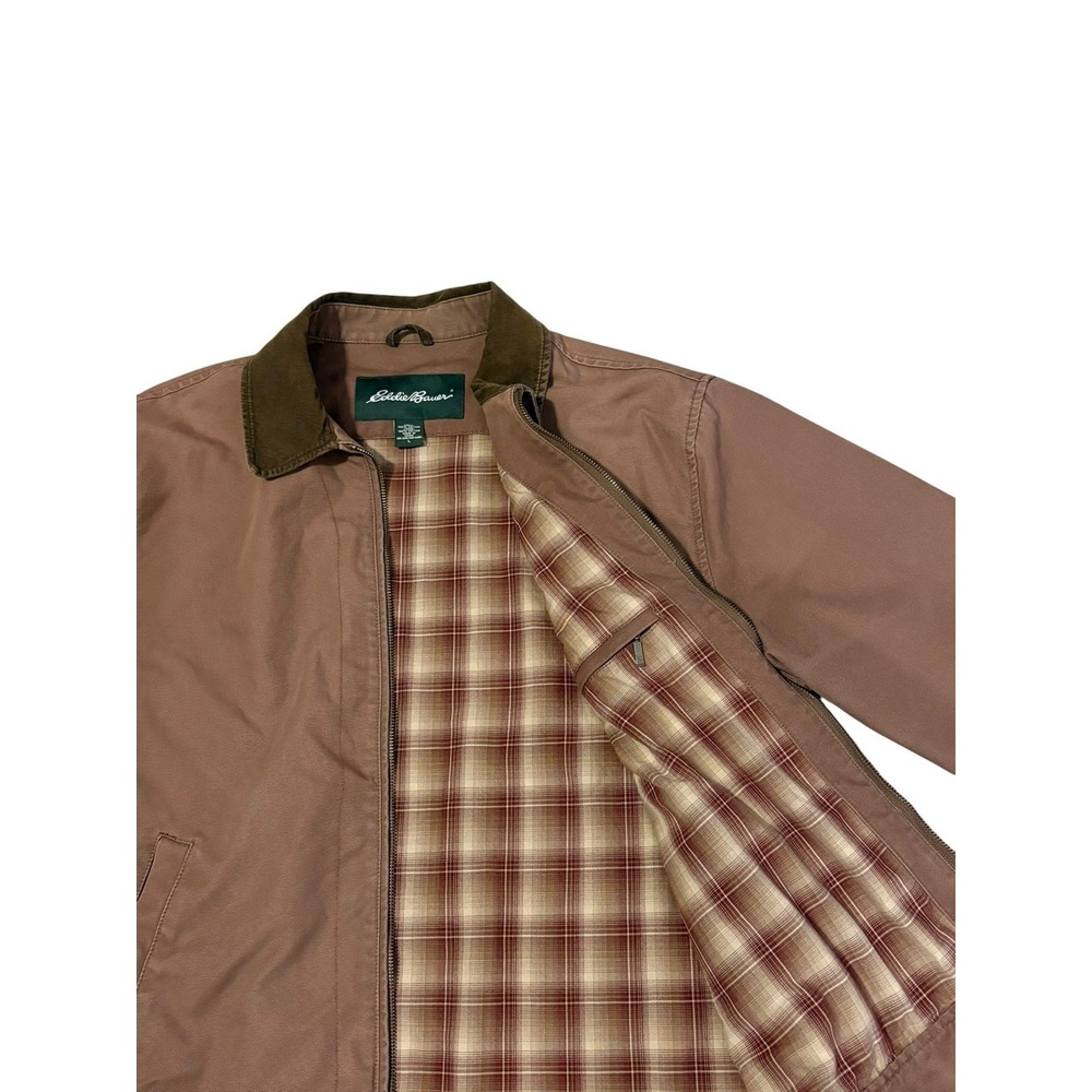 Eddie Bauer Canvas Jacket Mens Size L Brown Corduroy Collar Plaid Lining Zip